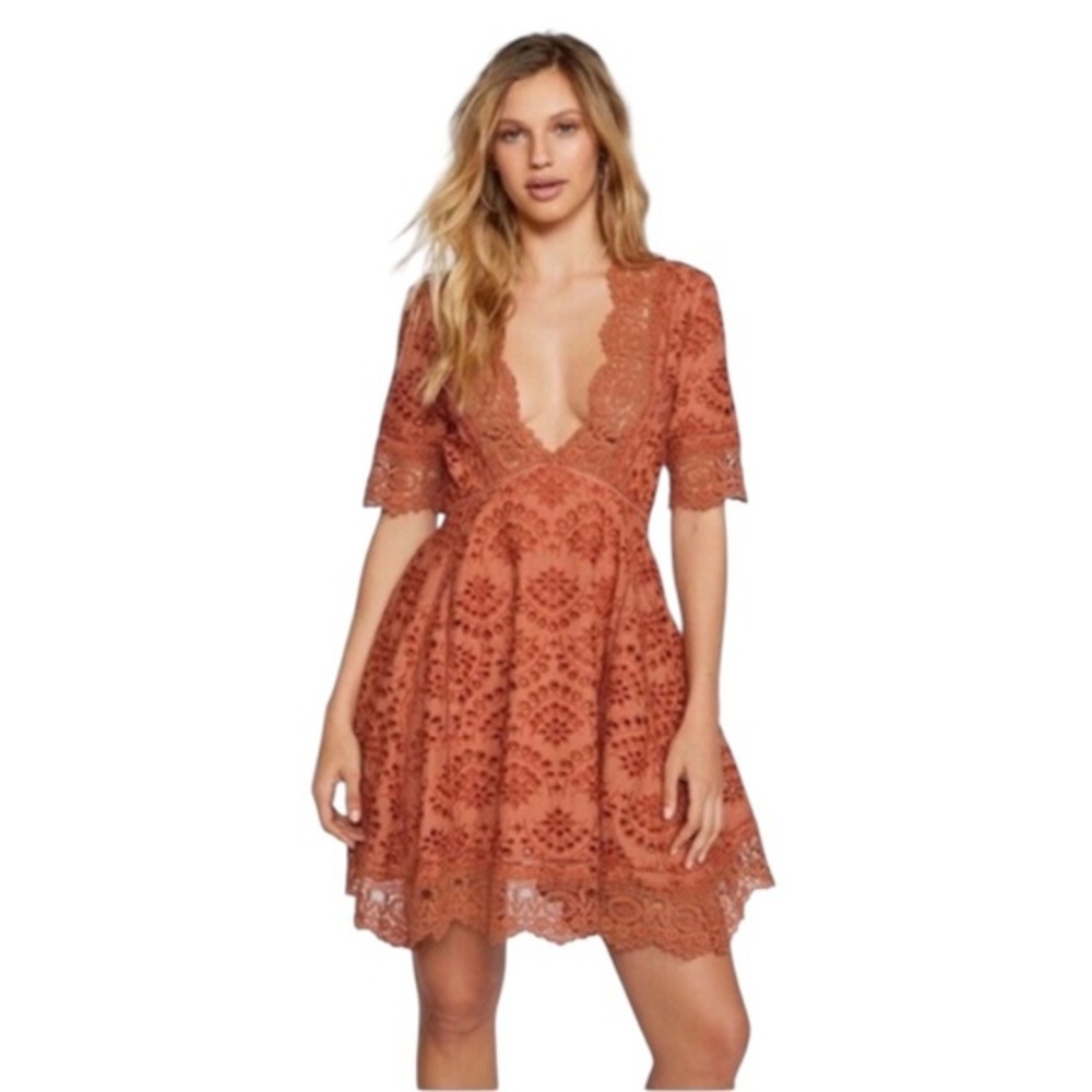NIGHTCAP FREE PEOPLE EYELET COPPER FLARE VNECK BOHO COTTAGECORE MINI DRESS
